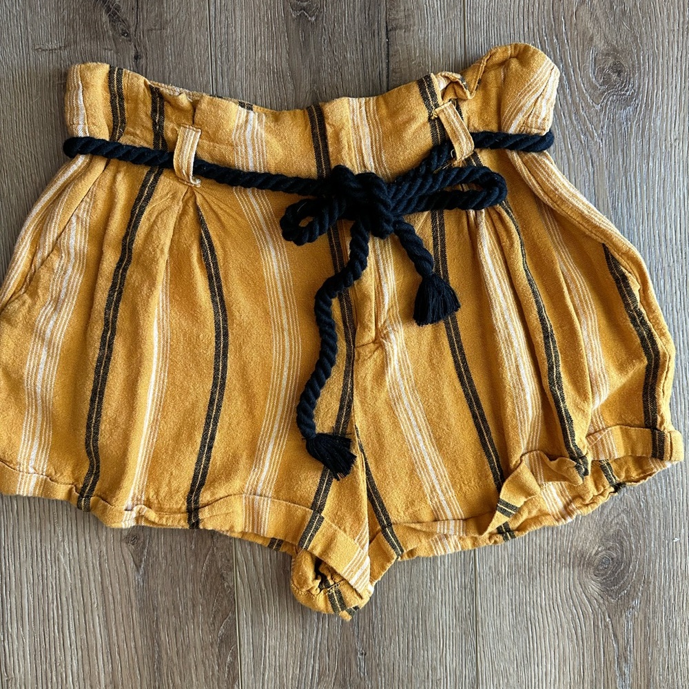 Striped Mustard Shorts with Black Tie